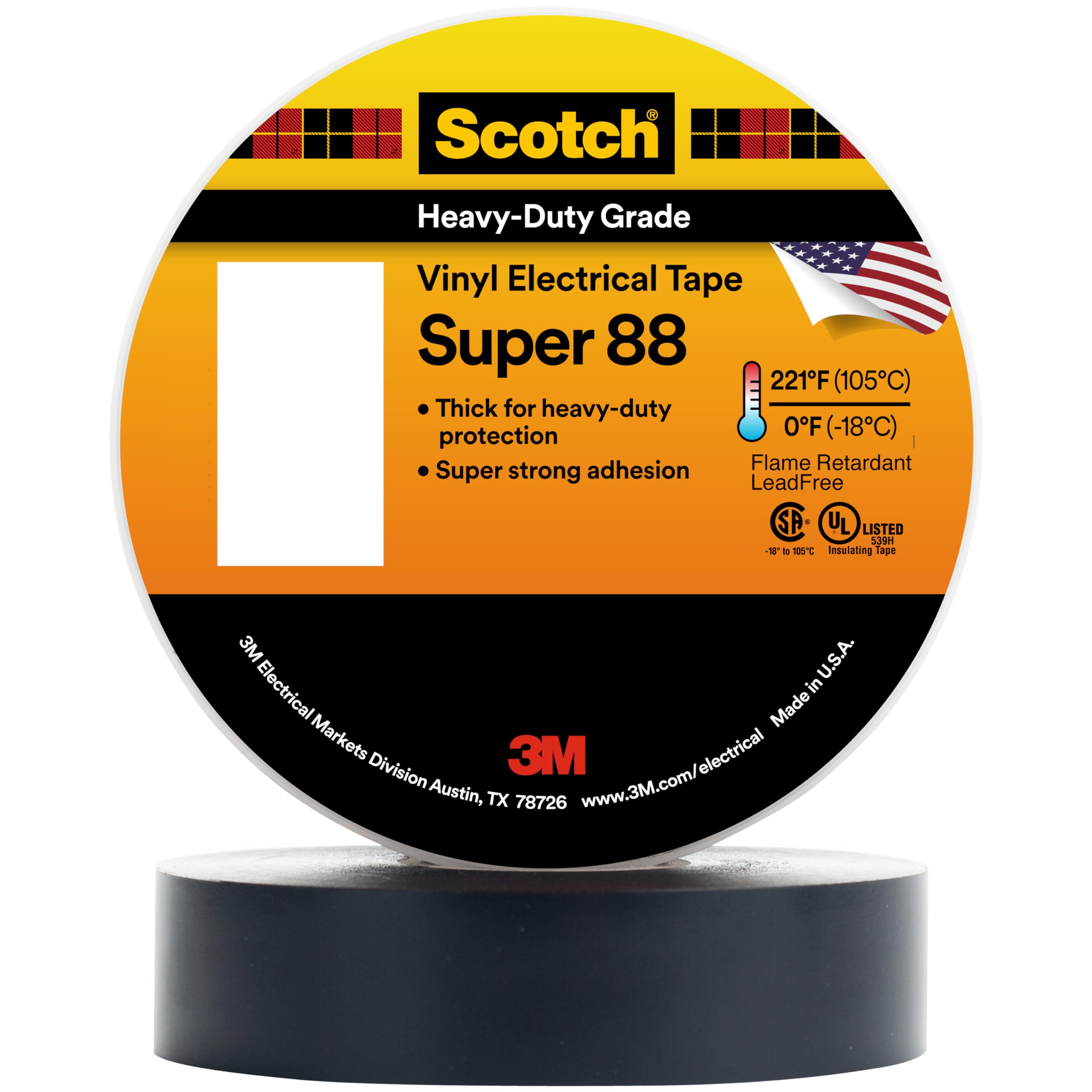 3M Scotch Vinyl Electrical Tape Super 88, 2 in x 36 yd (108 ft), Black, 1 Roll, Premium Grade, Rubber Resin Adhesive, PVC Backing, All-Season Heavy Duty Electric Tape