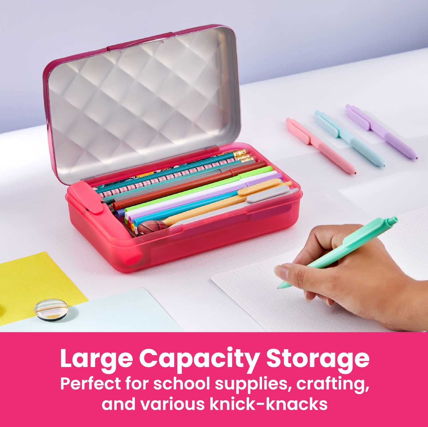 It's Academic Metallic Pencil Case Box, Hard Plastic, Stylish Quilted-Pattern Lid, Pink