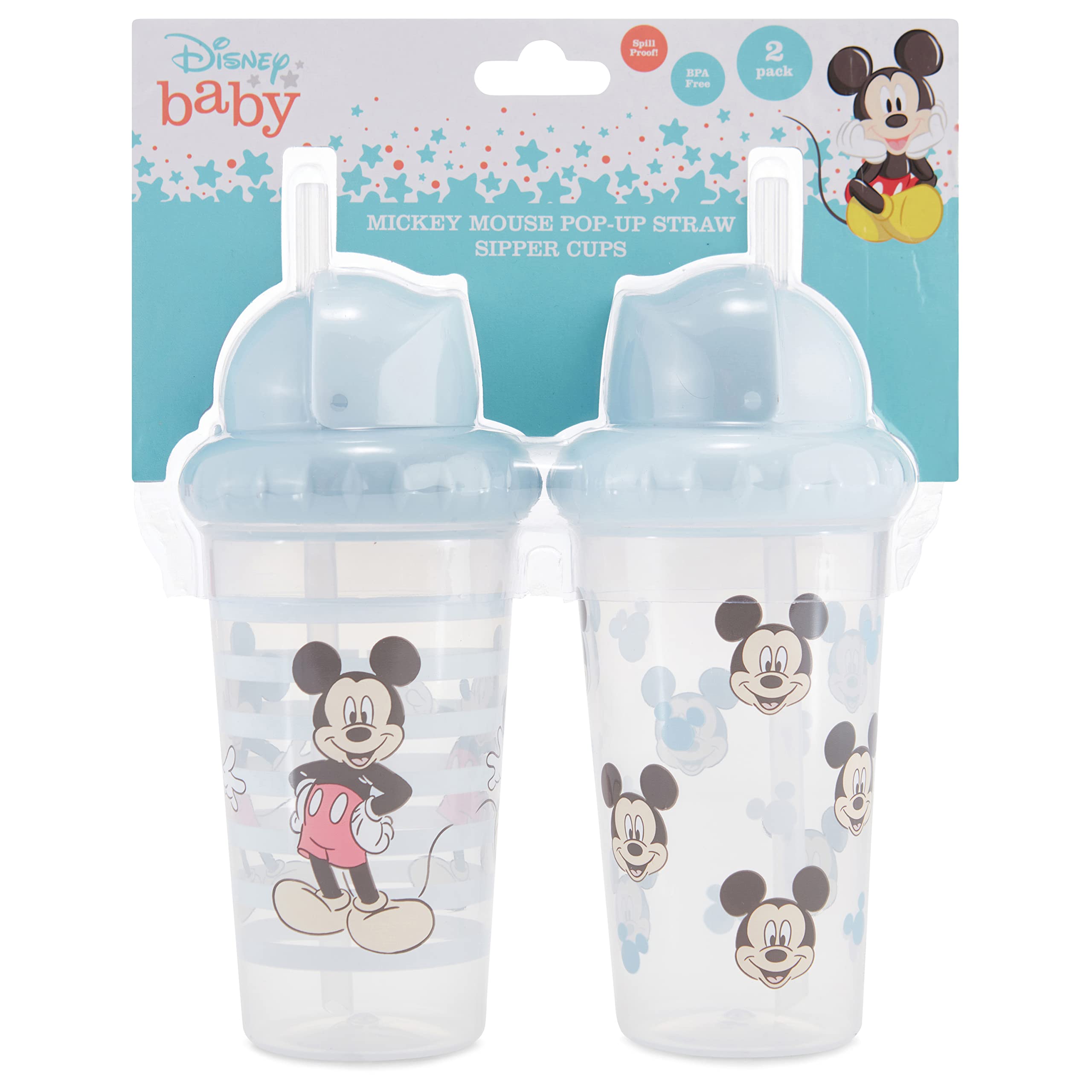 Disney Toddler Sippy Cups for Boys and Girls | 10 Ounce Sippy Cup Pack of Two with Straw and Lid | Durable Blue Leak Proof Travel Water Bottle for Toddlers