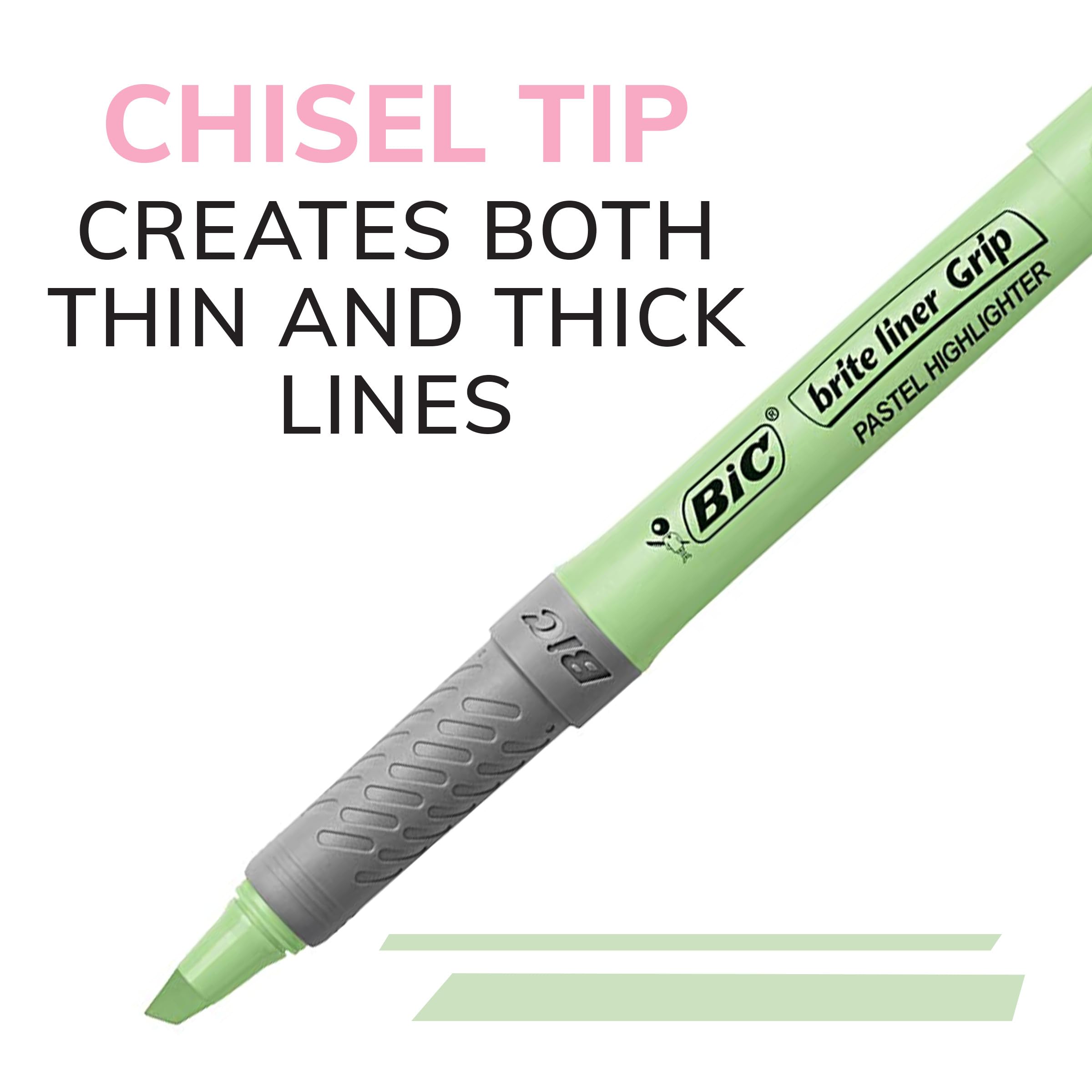 BIC Brite Liner Grip Pastel Highlighter Set, Chisel Tip, 12-Count Pack of Pastel Highlighters in Assorted Colors, Cute Highlighters for Bullet Journaling, Note Taking and More