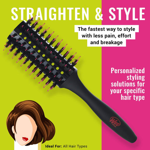 Wet Brush Straighten & Style Round Brush - for All Hair Types - A Perfect Blow Out with Less Pain, Effort and Breakage - Open Barrel Design For High Speed Drying In Less Time, Black
