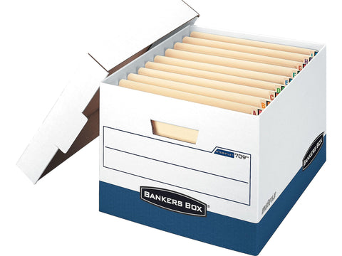 Bankers Box 12 Pack STOR/File End Tab Heavy-Duty File Storage Boxes, FastFold, Lift-Off Lid, White/Blue