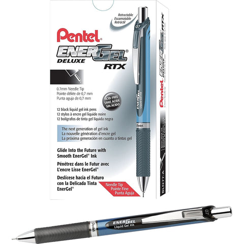 Pentel EnerGel Alloy Liquid Gel Pen, Needle Point (0.7 mm), Black/Blue Metal Barrel, Black Ink, 1 Count