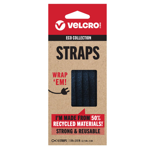 VELCRO Brand ECO Collection 6ct Pre-Cut Straps 5in x 3/8in, Sustainable 50% Recycled Material, Black