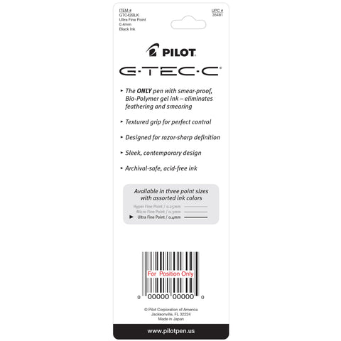 PILOT G-Tec-C Gel Ink Rolling Ball Pens, Ultra Fine Point (0.4mm), Black Ink, 2-Pack (35481)