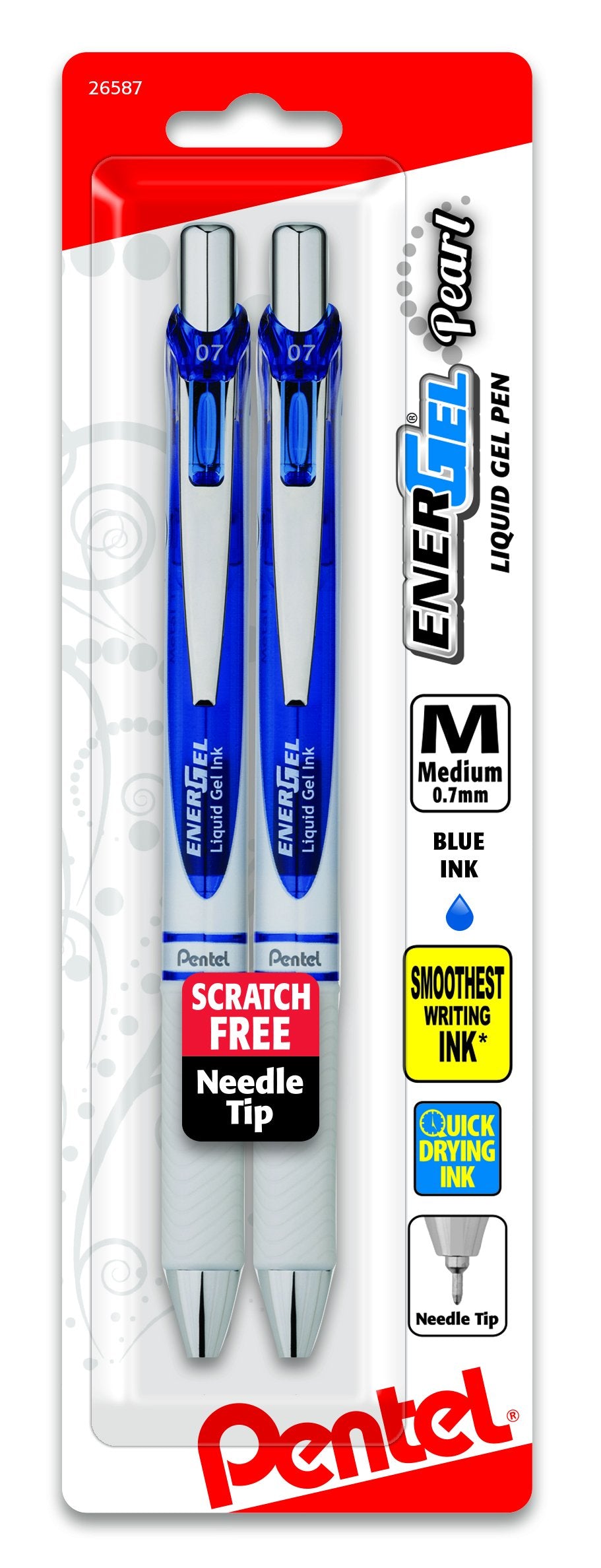 Pentel EnerGel Pearl Retractable Liquid Gel Pen, Needle Tip (0.7mm) Medium Line, Blue Ink, 2-Pk (BLN77WBP2C)