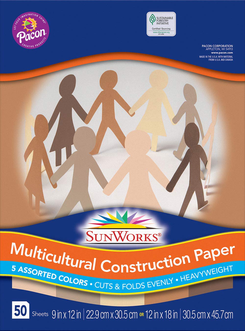 Pacon, 9509, Multicultural Construction Paper, 9 inch x12 inch, 5 Assorted Colors, 50 Sheets/Pack, Sold As 3 Pack, Total 150 Sheets