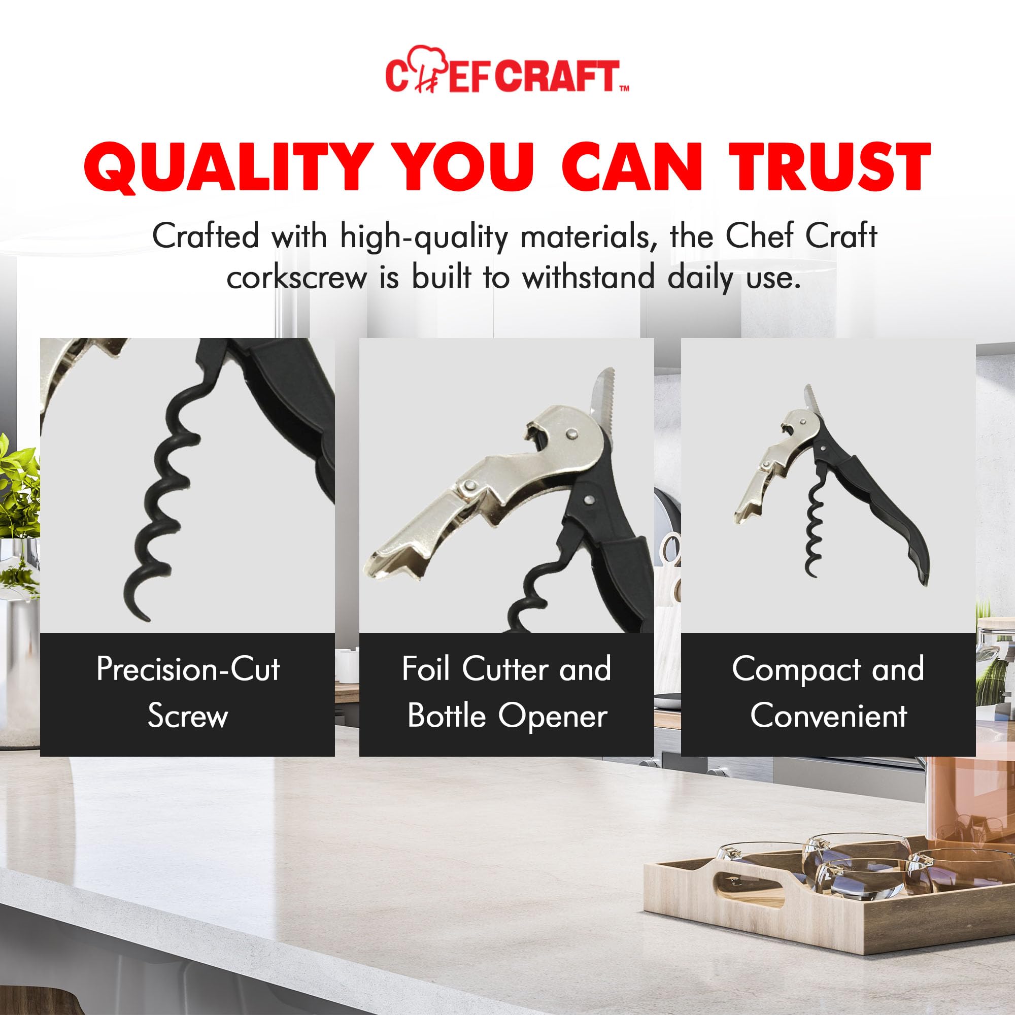 Chef Craft Select Waiters Corkscrew with Foil Cutter and Bottle Opener, 5 inches in Length, Stainless Steel/Black
