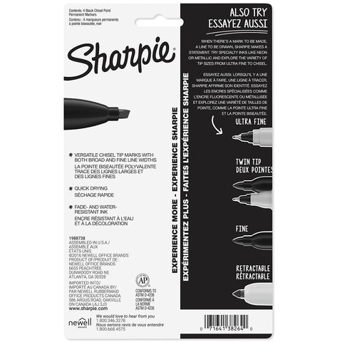 Sharpie 38264PP Permanent Markers, 5.3mm Chisel Tip, Black, 4/Pack