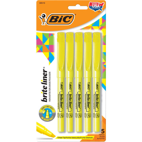 BIC® Brite Liner® Highlighters, Chisel Point, Yellow, 5-Pack