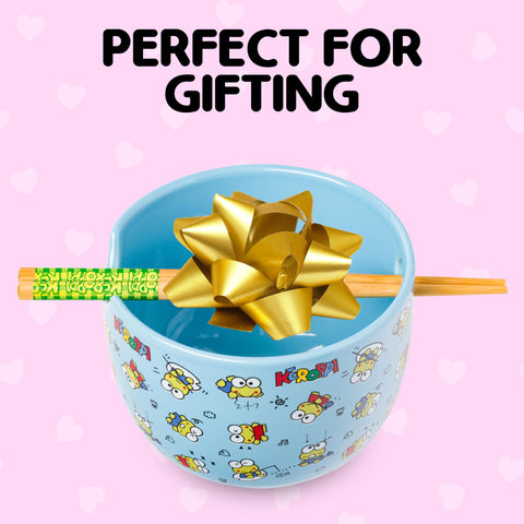 Silver Buffalo Sanrio Hello Kitty and Friends Keroppi Fishing and Doodling Ceramic Ramen Noodle Rice Bowl with Chopsticks, Microwave Safe, 20 Ounces