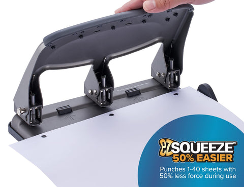 Bostitch Office EZ Squeeze Heavy Duty 3-Hole Punch for Home Office & School, 40-Sheet Capacity, One-Touch Reduced Force, Sleek Gray Design