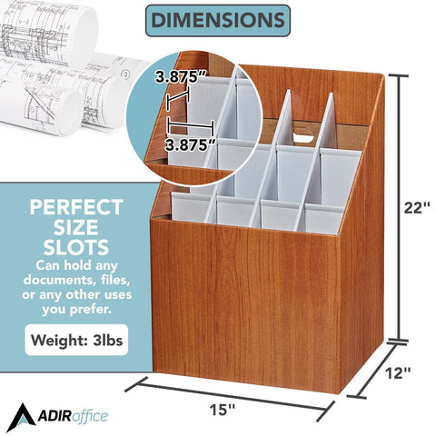 Adir Corp. 627 Upright Roll File Corrugated Box with 12 Slots, Walnut Wood Grain