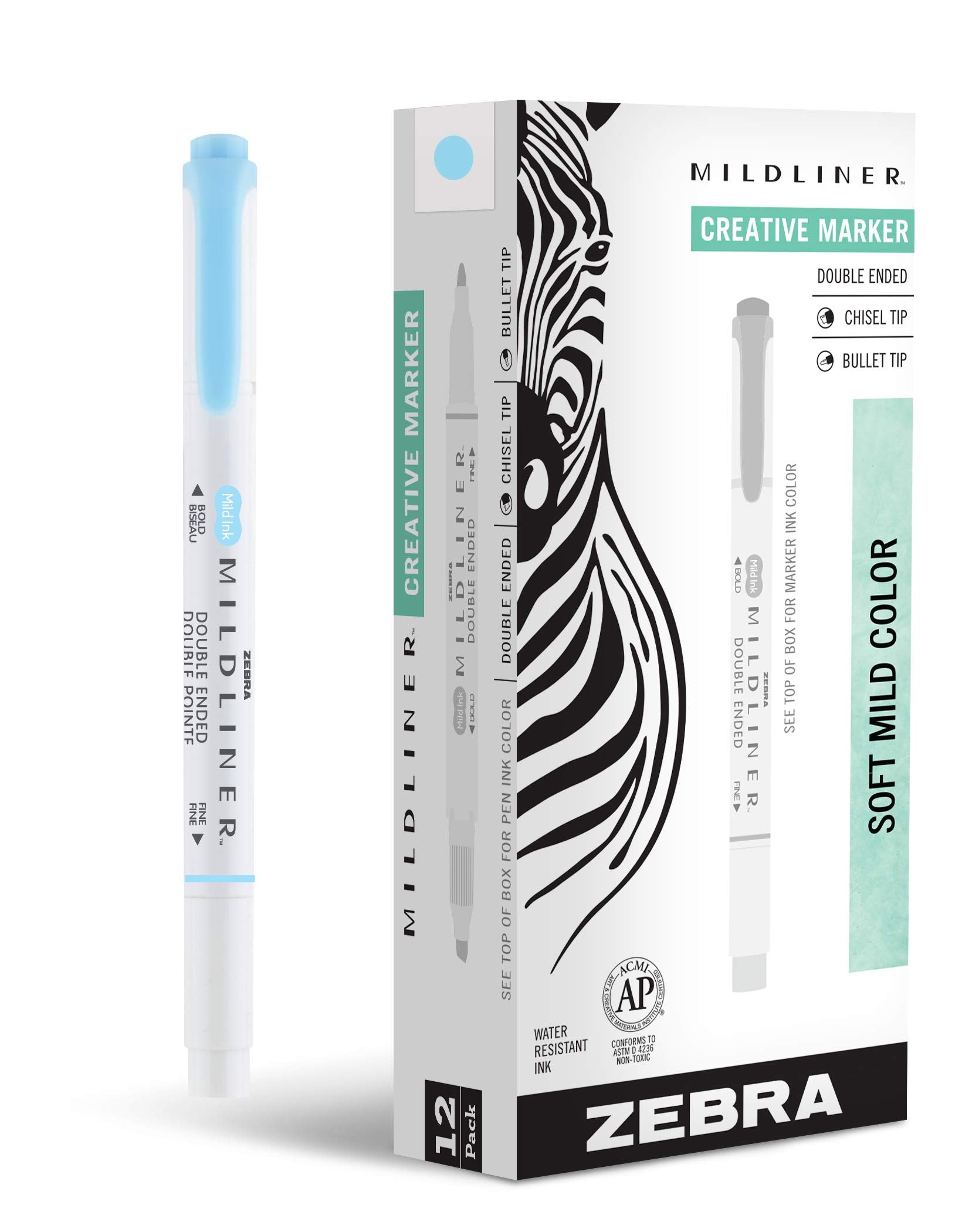 Zebra Pen Mildliner Dual-Tip Highlighters, Broad and Fine Tips, Ideal for Bible Highlighting, No Bleed, School Supplies, Teacher Supplies, and Office Supplies, Mild Blue Ink, 12-Pack (78120upc)