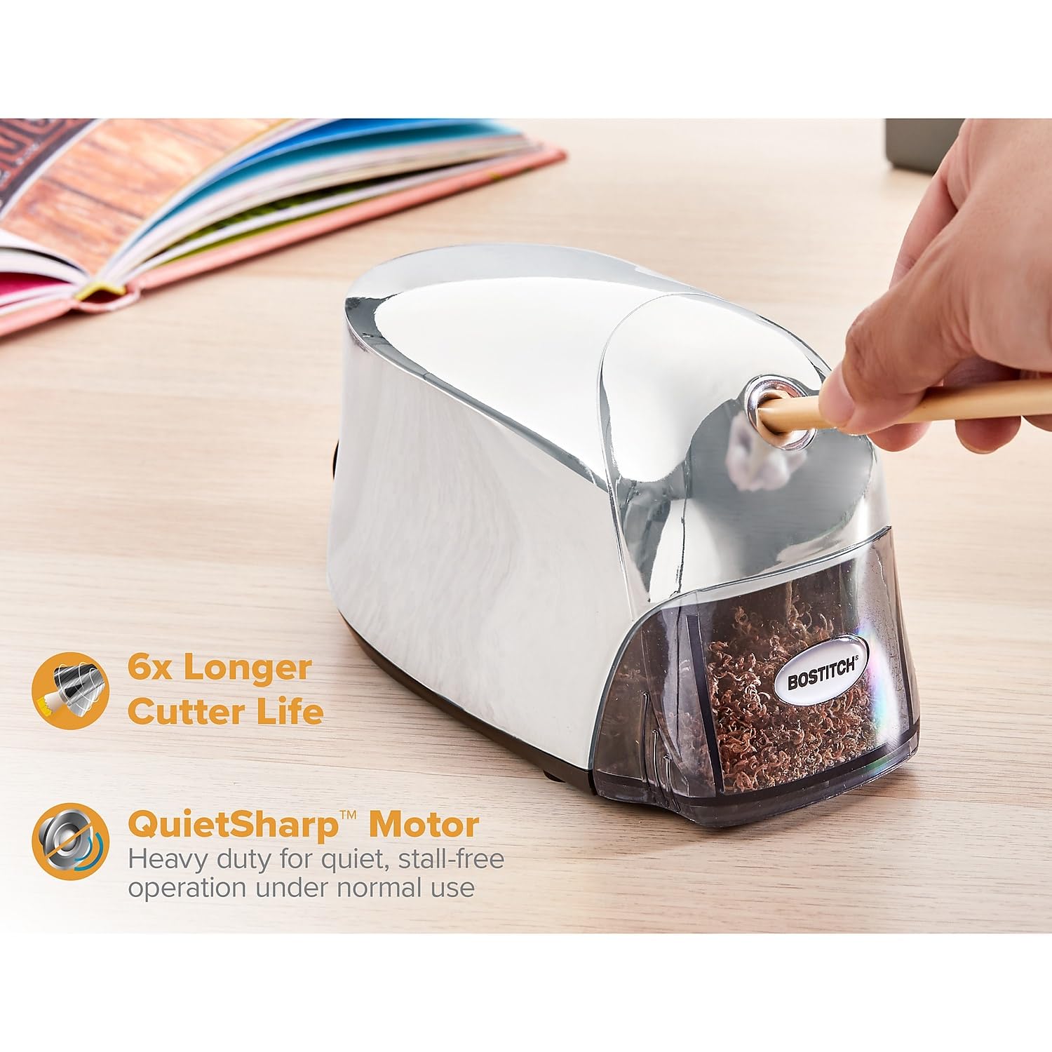 Bostitch Office QuietSharp Executive Heavy Duty Electric Pencil Sharpener, Colored-Pencil Compatible, Silver Chrome