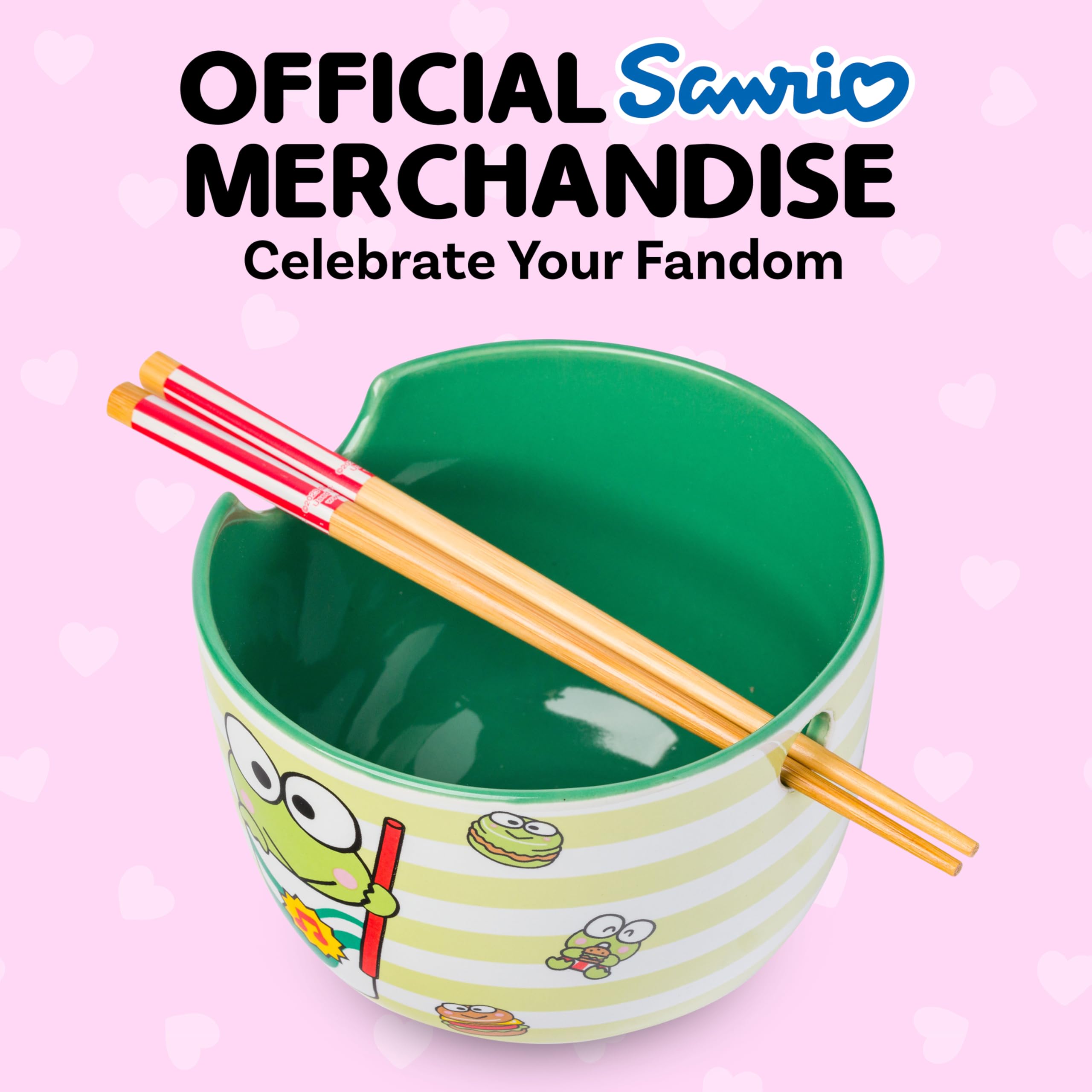 Silver Buffalo Sanrio Hello Kitty and Friends Keroppi Foodie Icons Ceramic Ramen Noodle Rice Bowl with Chopsticks, Microwave Safe, 20 Ounces