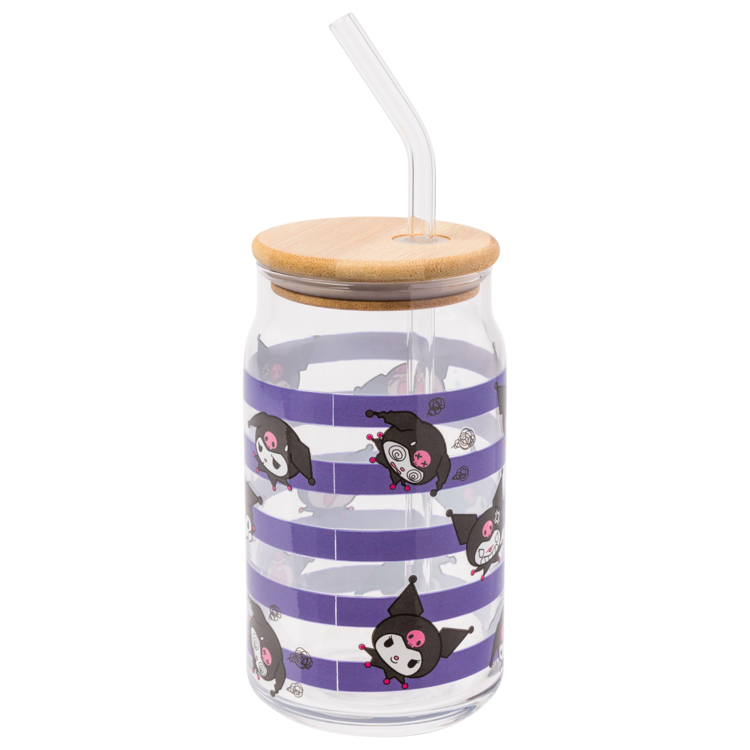 Silver Buffalo Sanrio Hello Kitty and Friends Kuromi 2 Pack Glass Jar Tumbler with Bamboo Lid and Glass Straw, 16 Ounces