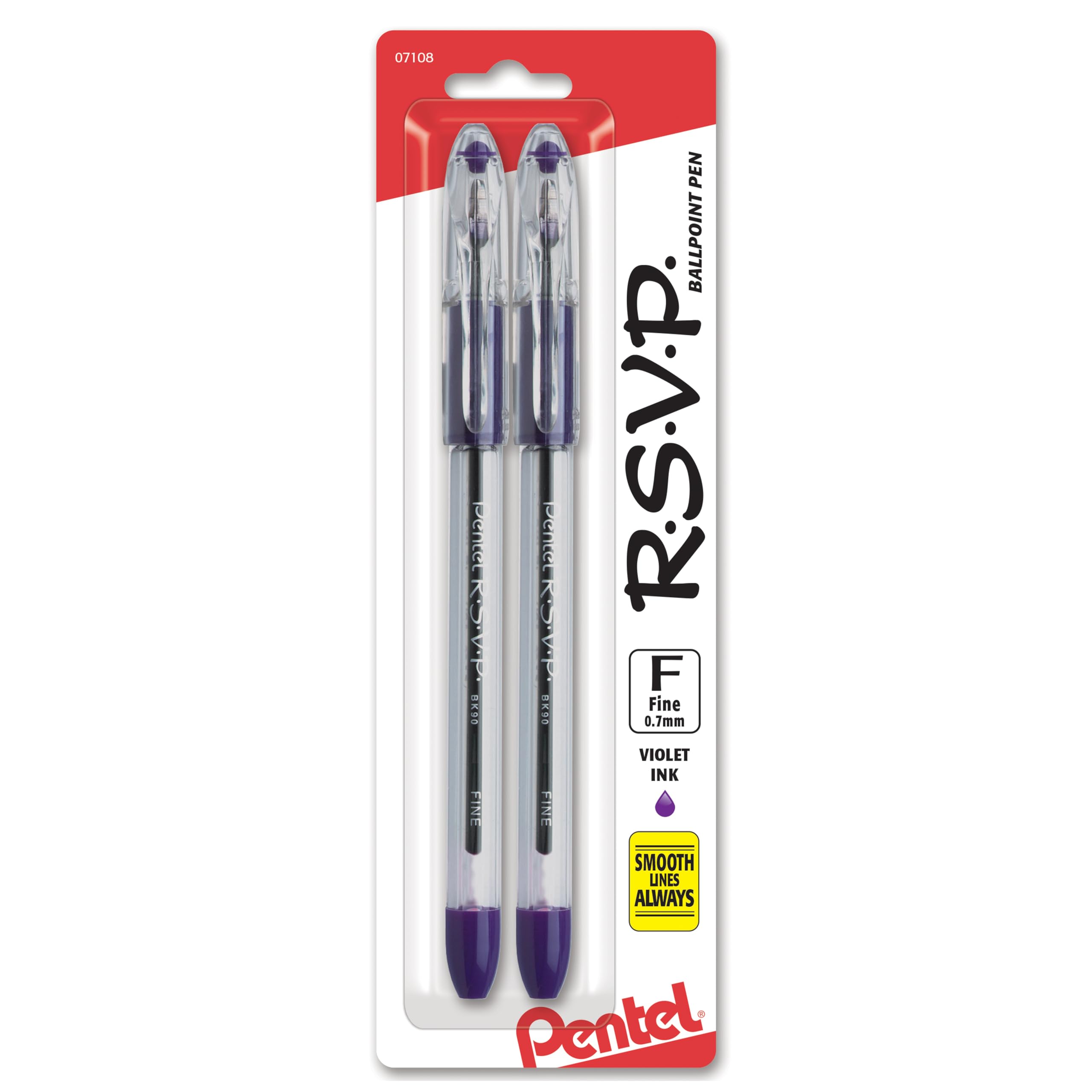 Pentel RSVP Ballpoint Pen, (0.7mm), Fine Line, Violet Ink (BK90BP2V) (Pack of 1, 2 Count Total)