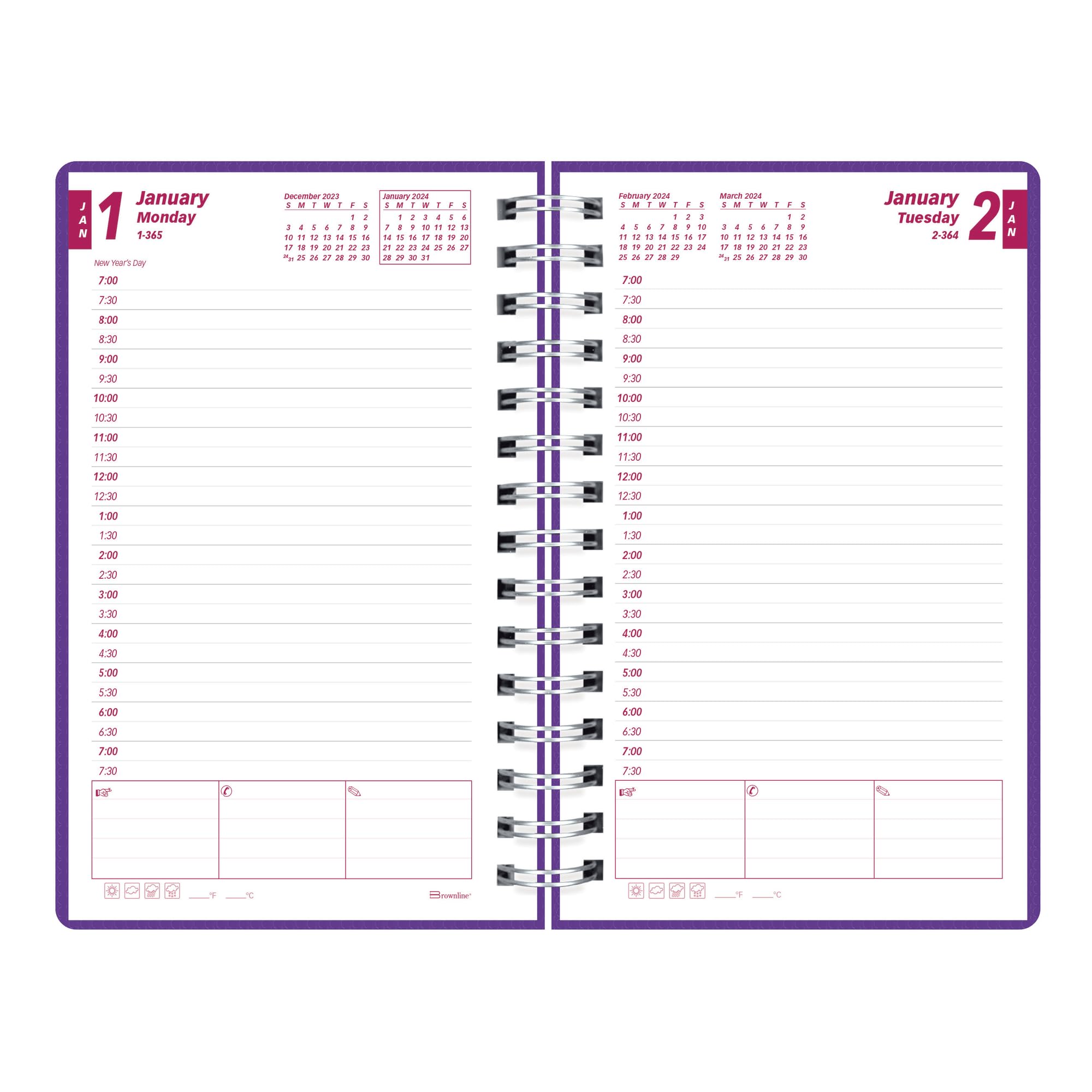 Brownline 2024 DuraFlex Daily/Monthly Planner, Appointment Book, 12 Months, January to December, Twin-Wire Binding, 8" x 5", Purple (CB634V.PUR-24)