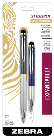Zebra Pen, StylusPen, 1.0mm Black Ink Ballpoint Pen with 8.0mm Stylus, Expandable Compact Design for Pockets and Purse, Dual-Purpose Touchscreen Tool, 2-Pack (33602)