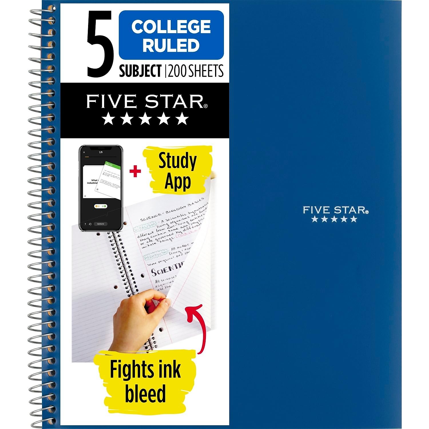 Five Star Spiral Notebook, 5 Subject, College Ruled Paper, 200 Sheets, 11" x 8-1/2", Color Selected For You, 1 Count (06112)