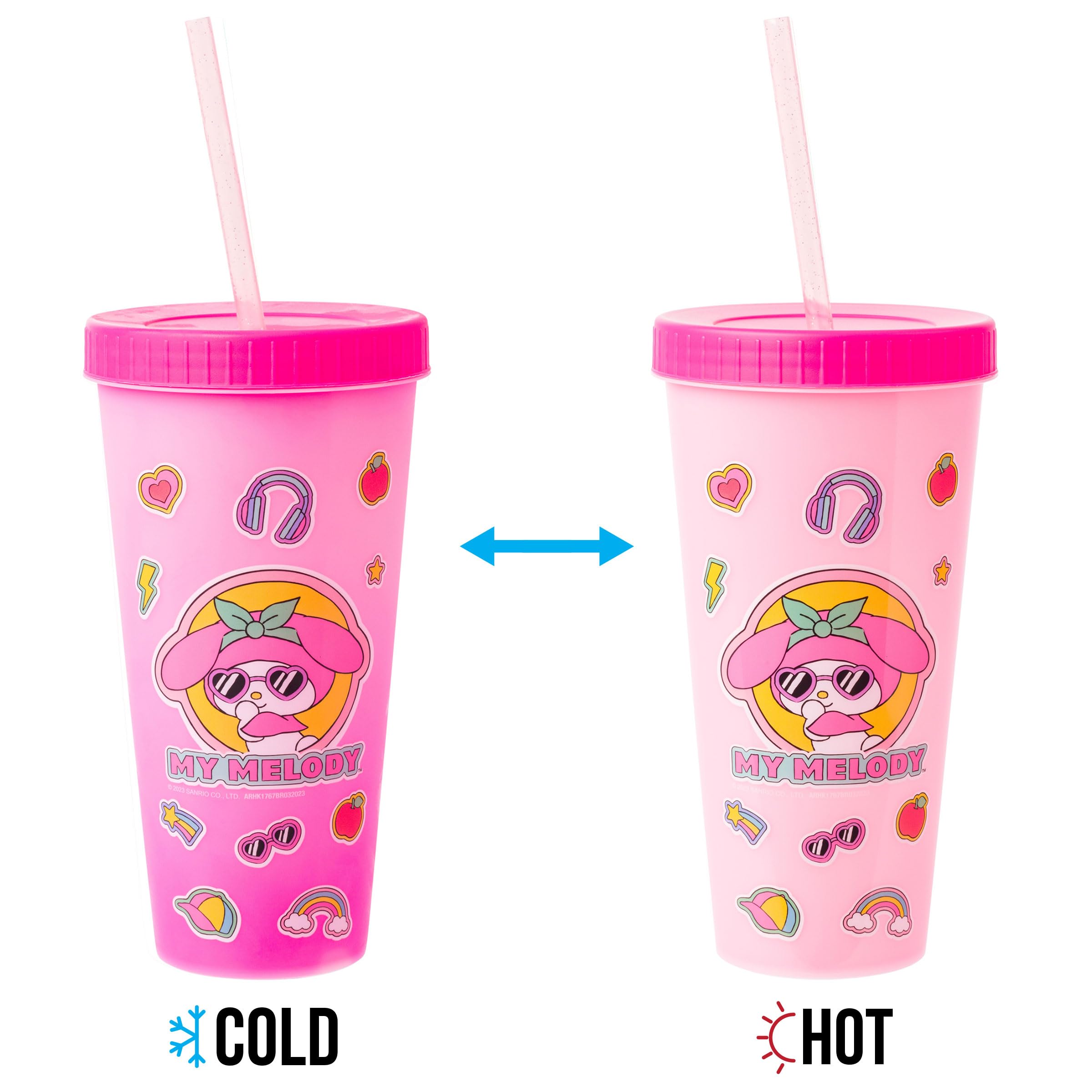 Silver Buffalo Sanrio Hello Kitty and Friends Sticker Design Featuring Kuromi, Keroppi, My Melody, and Hello Kitty 4 Pack Color Changing Plastic Tumbler Set with Glitter Straw, 24 Ounces