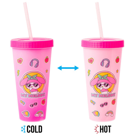 Silver Buffalo Sanrio Hello Kitty and Friends Sticker Design Featuring Kuromi, Keroppi, My Melody, and Hello Kitty 4 Pack Color Changing Plastic Tumbler Set with Glitter Straw, 24 Ounces