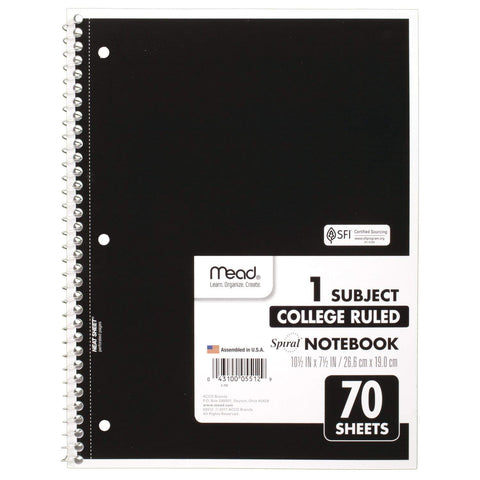 Mead Spiral Notebook, 1 Subject, College Ruled Paper, 70 Sheets, 10-1/2" x 7-1/2", Assorted Colors (05512)