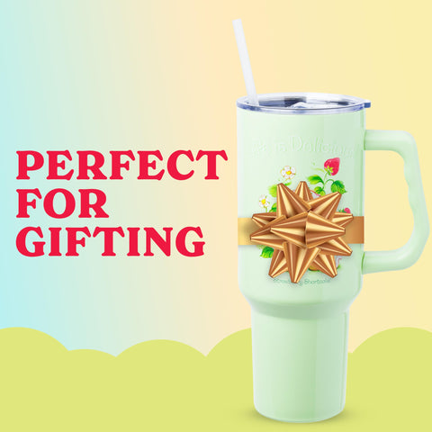 Silver Buffalo Strawberry Shortcake and Custard “Life is Delicious!” Double Walled Stainless Steel Tumbler with Handle, Fits in Standard Cup Holder, 40 Ounces