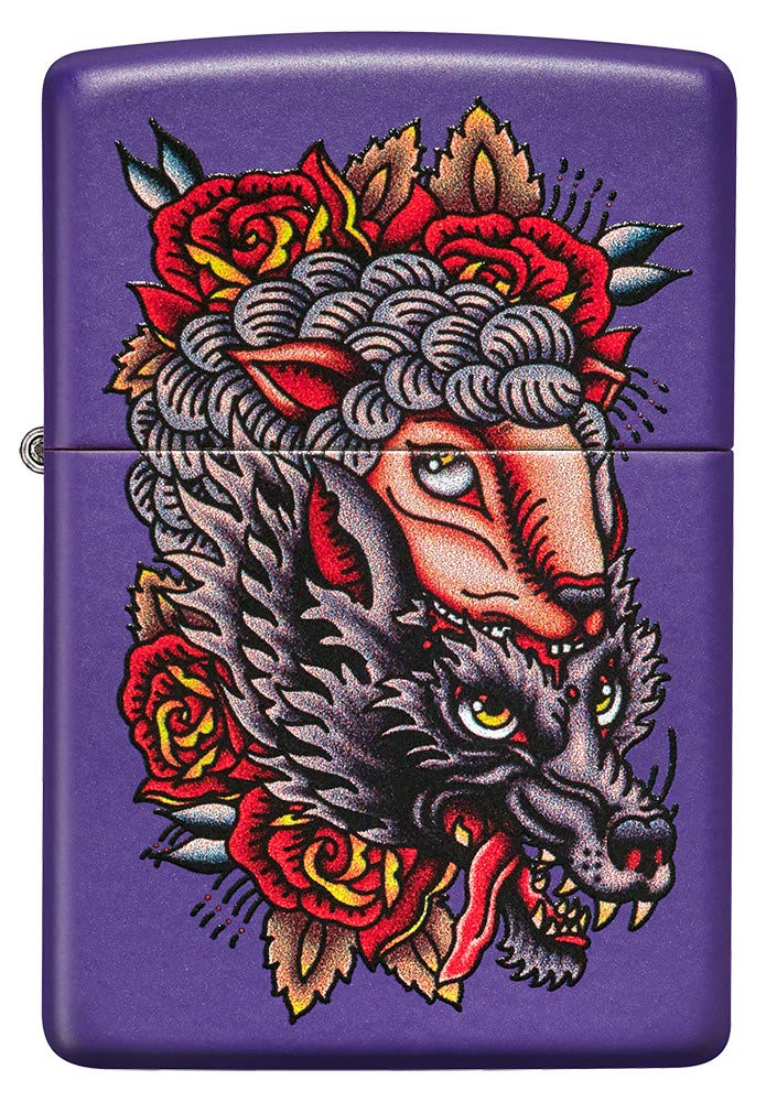 Zippo Wolf in Sheeps Clothing Tattoo Design Purple Matte Pocket Lighter