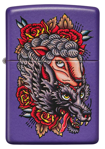 Zippo Wolf in Sheeps Clothing Tattoo Design Purple Matte Pocket Lighter