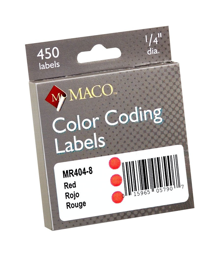 MACO Red Round Color Coding Labels, 1/4 Inches in Diameter, 450 Per Dispenser Box (MR404-8)