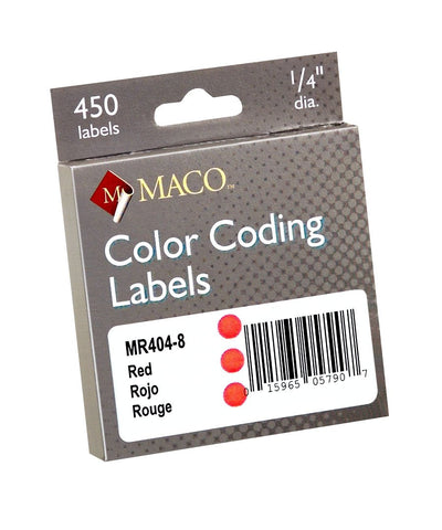 MACO Red Round Color Coding Labels, 1/4 Inches in Diameter, 450 Per Dispenser Box (MR404-8)