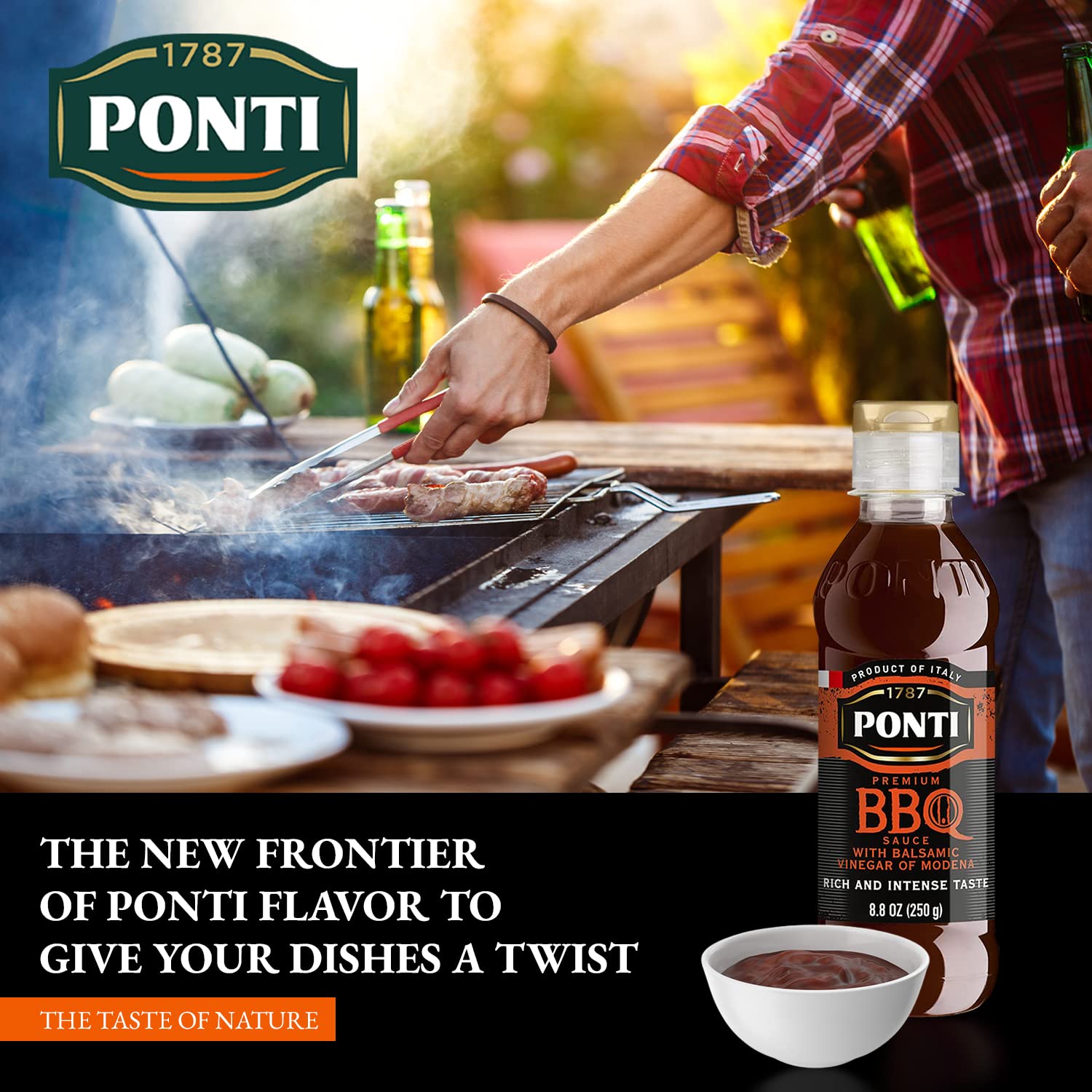 1787 PONTI Premium BBQ Glaze with Balsamic Vinegar of Modena - Sensations with Marinades, Intense Taste with Pleasant, Bold Smoky Flavors - Excellent with Grilled Meat and Slow-Roasted game - 8.8 Fl.Oz