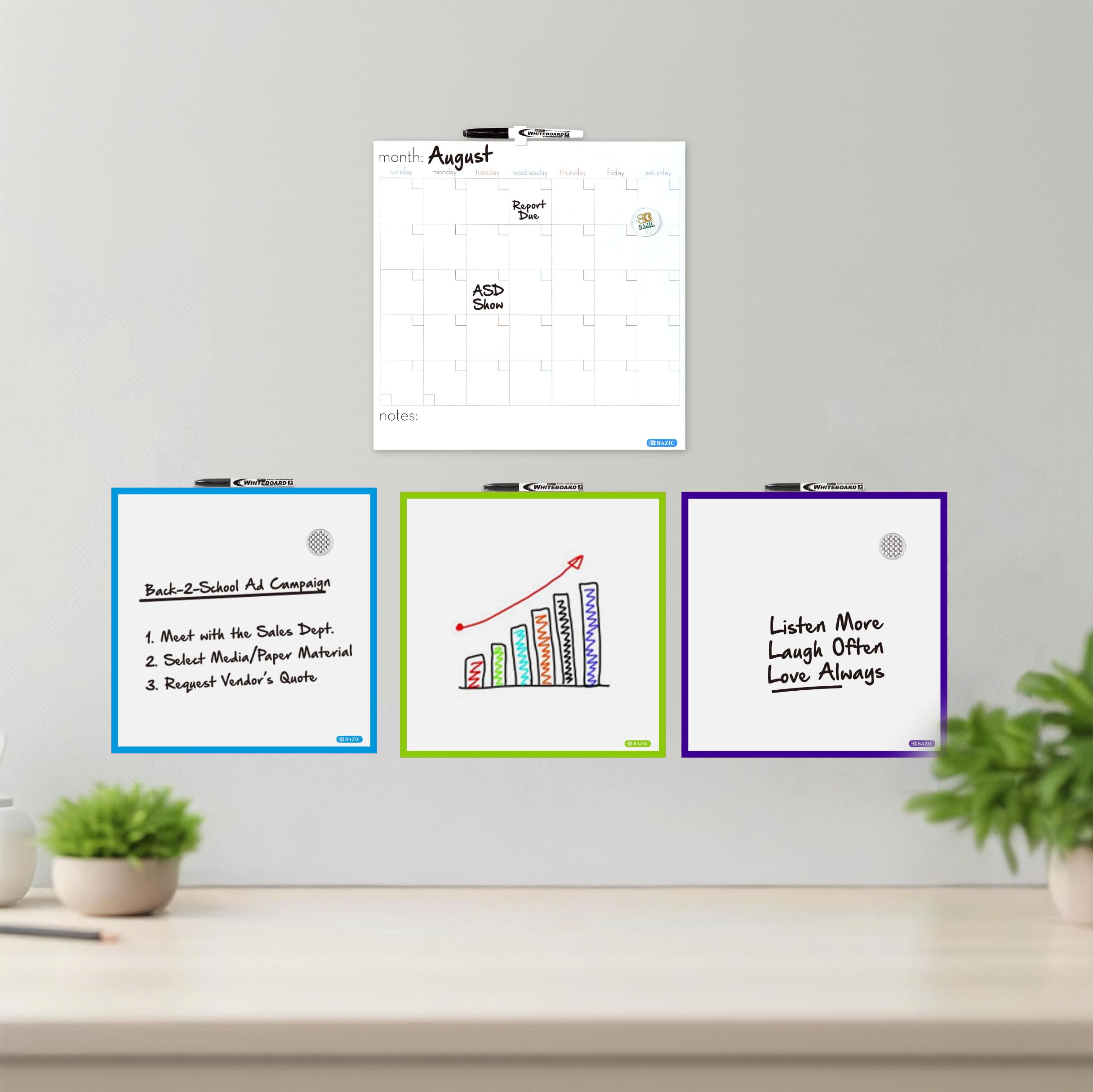 BAZIC Products Magnetic Dry Erase Calendar Board Tile + Markers & Magnets, 14" X 14" Calendar Whiteboard for Office Schedule Planner, 1-Pack