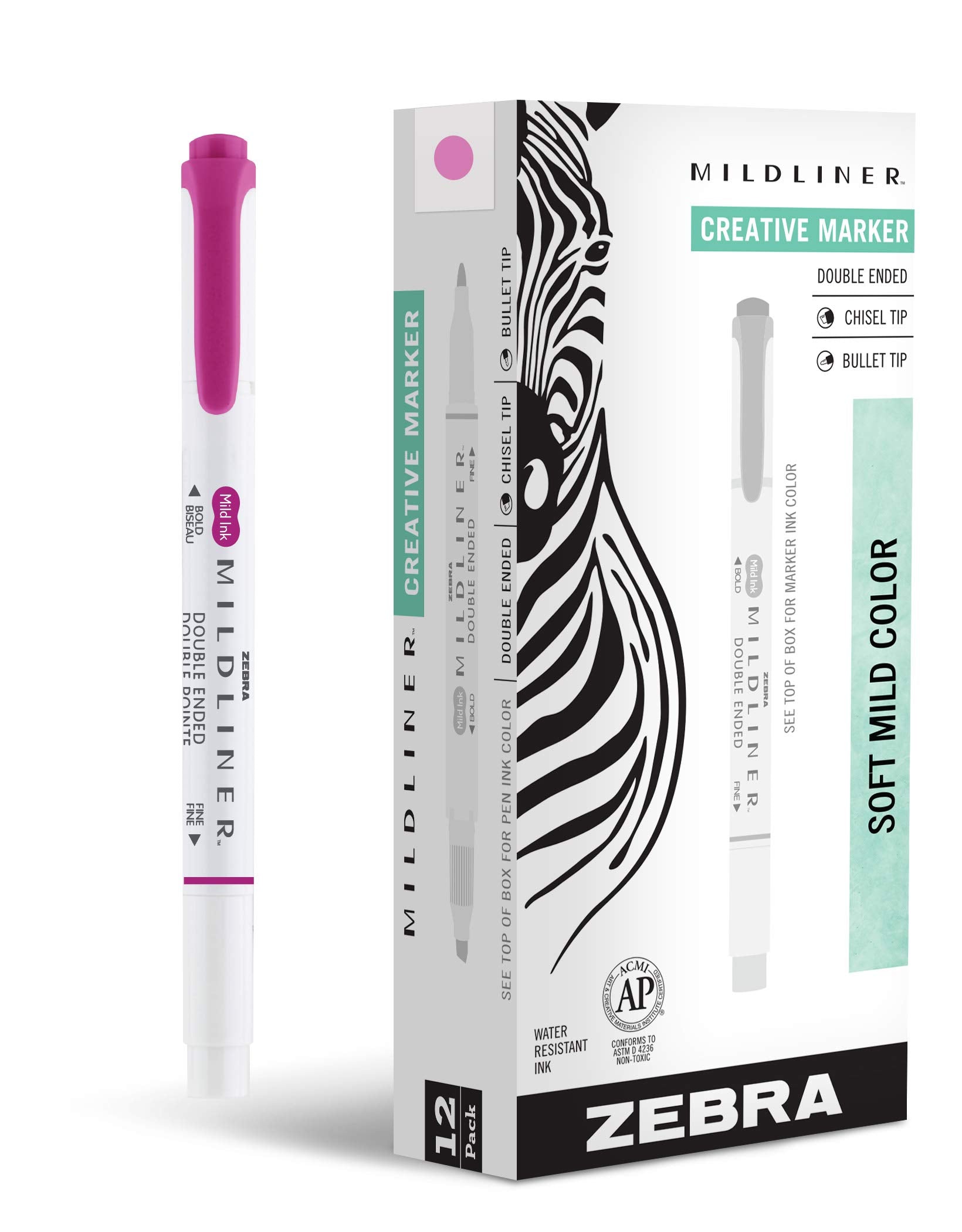 Zebra Pen Mildliner Dual-Tip Highlighters, Broad and Fine Tips, Ideal for Bible Highlighting, No Bleed, School Supplies, Teacher Supplies, and Office Supplies, Mild Fuchsia Ink, 12-Pack (78470upc)
