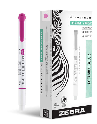 Zebra Pen Mildliner Dual-Tip Highlighters, Broad and Fine Tips, Ideal for Bible Highlighting, No Bleed, School Supplies, Teacher Supplies, and Office Supplies, Mild Fuchsia Ink, 12-Pack (78470upc)