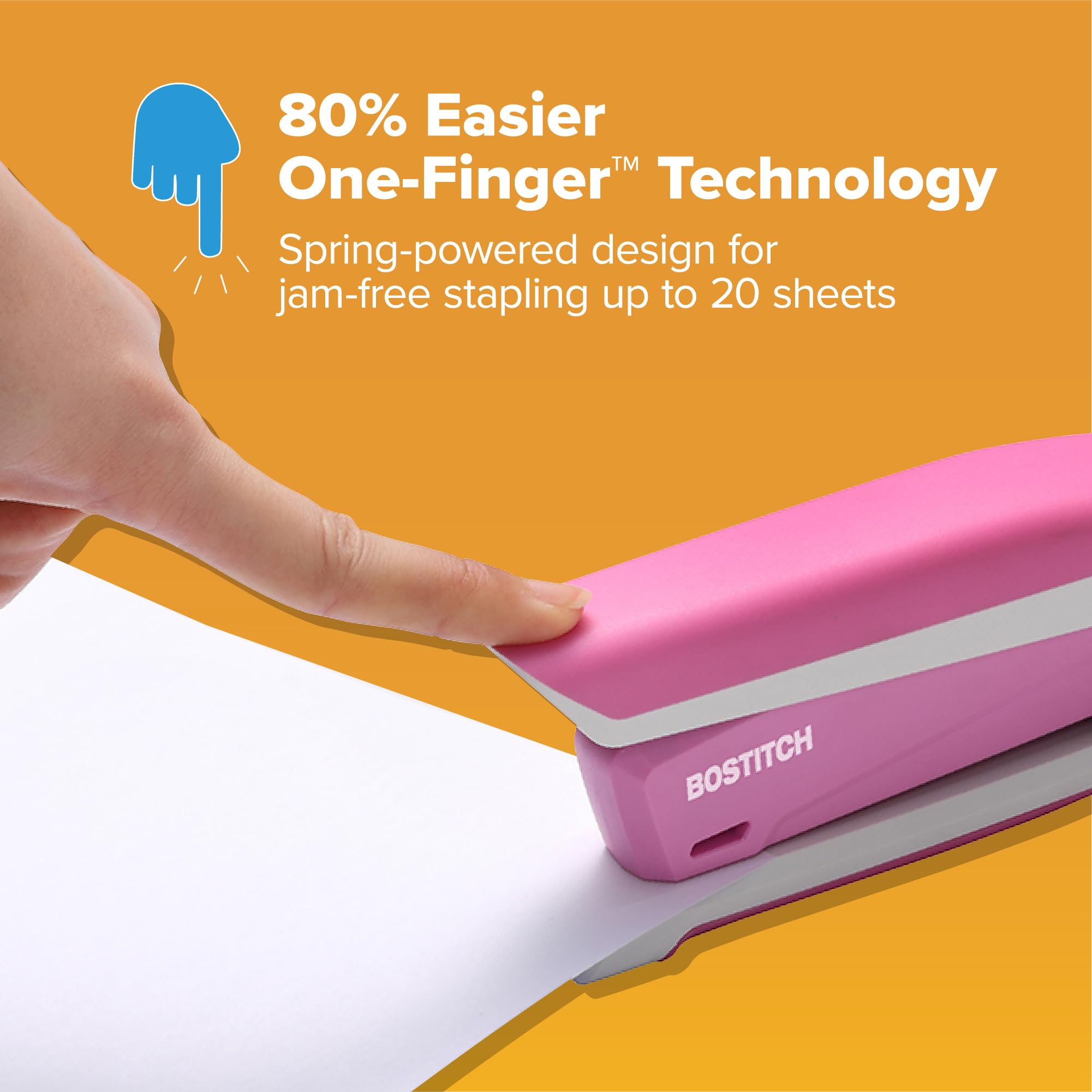 Bostitch Office InPower Spring-Powered Desktop Stapler, 20 Sheet Capacity, One Finger Stapling, Includes 210 Staples, Jam Free, Opens for Tacking, Breast Cancer Awareness Pink