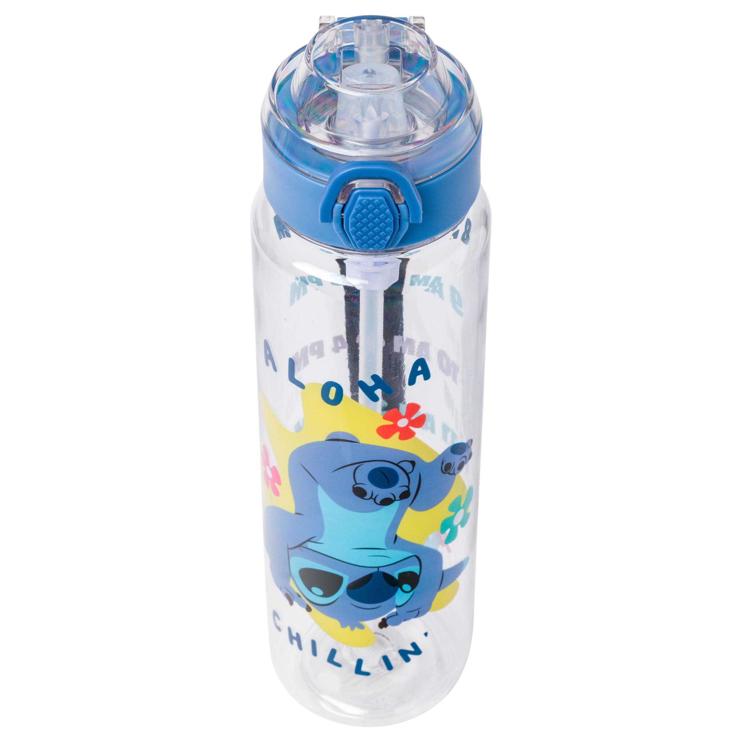 Silver Buffalo Disney Lilo and Stitch Aloha Chillin' Hydration Tracker Schedule Plastic Water Bottle with Locking Lid and Strap, 33 Ounces