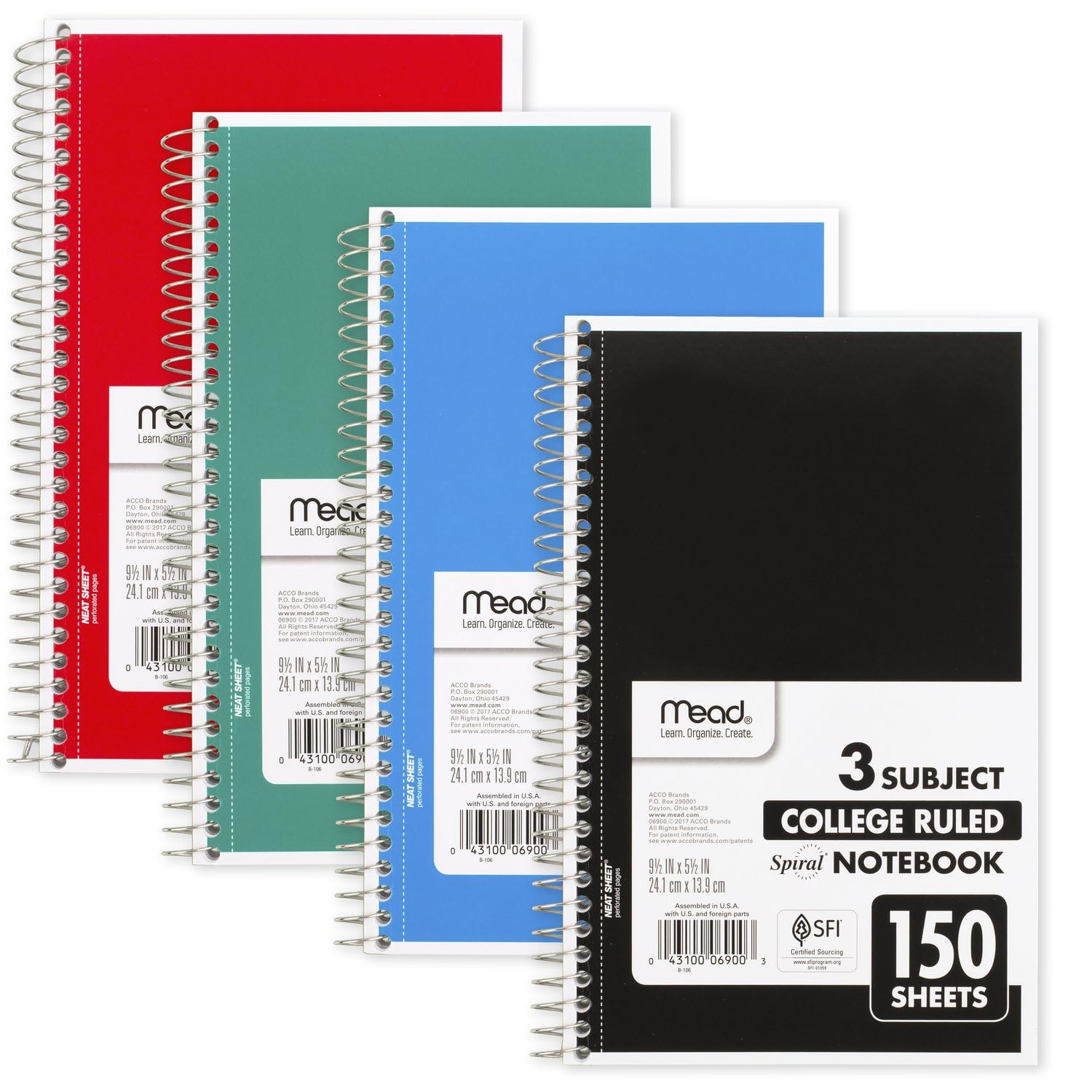 Mead Small Spiral Notebook, 3-Subject, College Ruled Paper, 9-1/2" x 5-1/2", 150 Sheets per Notebook, Color Will Vary, 1 Count (06900)