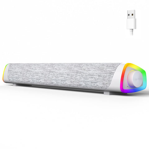 SOULION R30 Plus Bluetooth Computer Speakers, All-in-One Control Button with 6 Modes LED Lights PC Speaker, Wired USB Powered Surround Soundbar for Desktop Monitor Laptop White