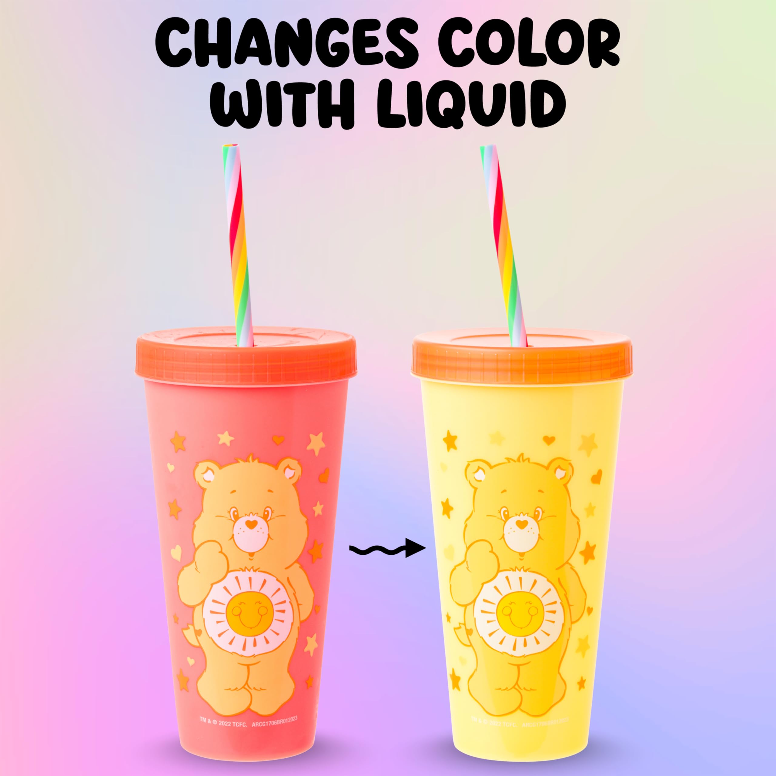 Silver Buffalo Care Bears Hearts and Stars 4 Pack Plastic Color Changing Tumblers with Rainbow Swirl Straws Featuring Tenderheart, Funshine, Cheer, and Grumpy Bear 24 Ounces