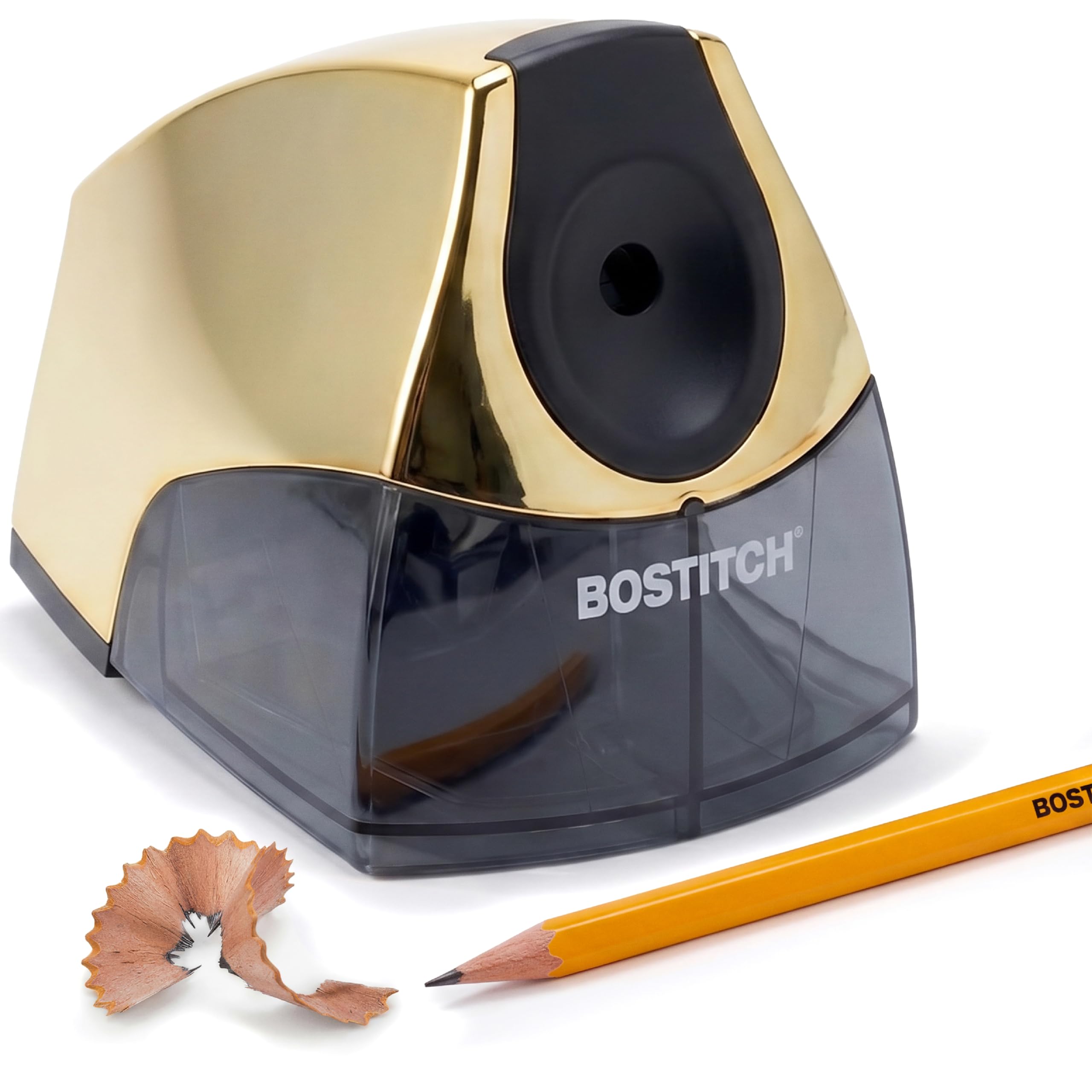 Bostitch Office Electric Pencil Sharpener for Classroom & Desk Use, Heavy-Duty Stall-Free Motor, High-Capacity Shavings Tray, Gold Chrome