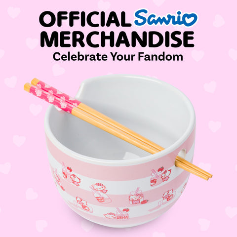Silver Buffalo Sanrio Hello Kitty Strawberry Milk Pattern Ceramic Ramen Noodle Rice Bowl with Chopsticks, Microwave Safe, 20 Ounces