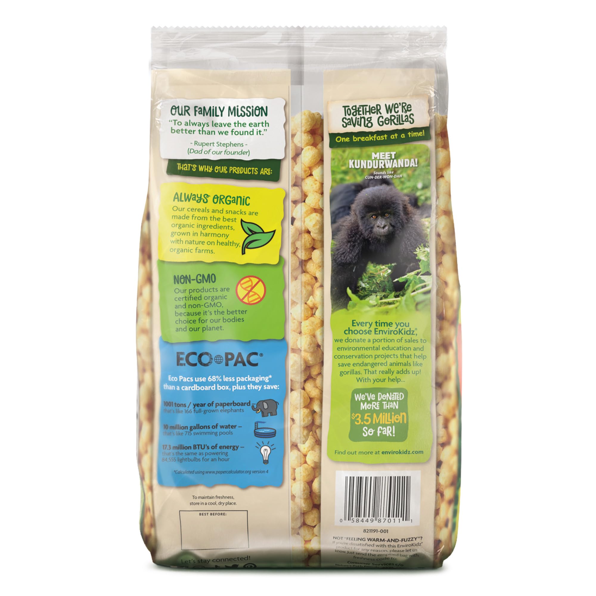EnviroKidz Organic Gorilla Munch Cereal, 23 oz (Pack of 1), Corn Puffs, Gluten Free, Non-GMO, Earth Friendly Packaging, by Nature's Path