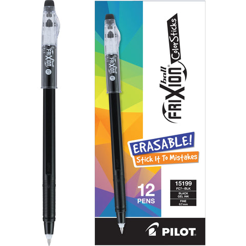 Pilot FriXion ColorSticks Erasable Gel Ink Pens, Fine Point 0.7 mm, Black, Pack of 12, Erasable Pens - Ideal for School, Journaling, & Office Writing
