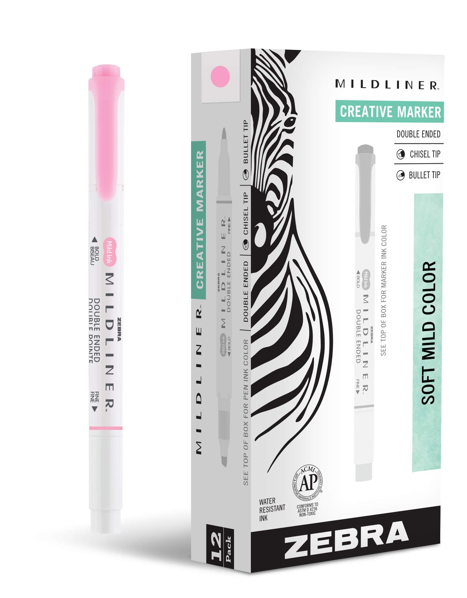 Zebra Pen Mildliner Dual-Tip Highlighters, Broad and Fine Tips, Ideal for Bible Highlighting, No Bleed, School Supplies, Teacher Supplies, and Office Supplies, Mild Pink Ink, 12-Pack (78170upc)
