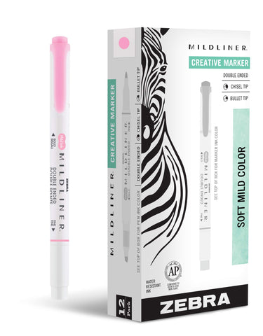 Zebra Pen Mildliner Dual-Tip Highlighters, Broad and Fine Tips, Ideal for Bible Highlighting, No Bleed, School Supplies, Teacher Supplies, and Office Supplies, Mild Pink Ink, 12-Pack (78170upc)