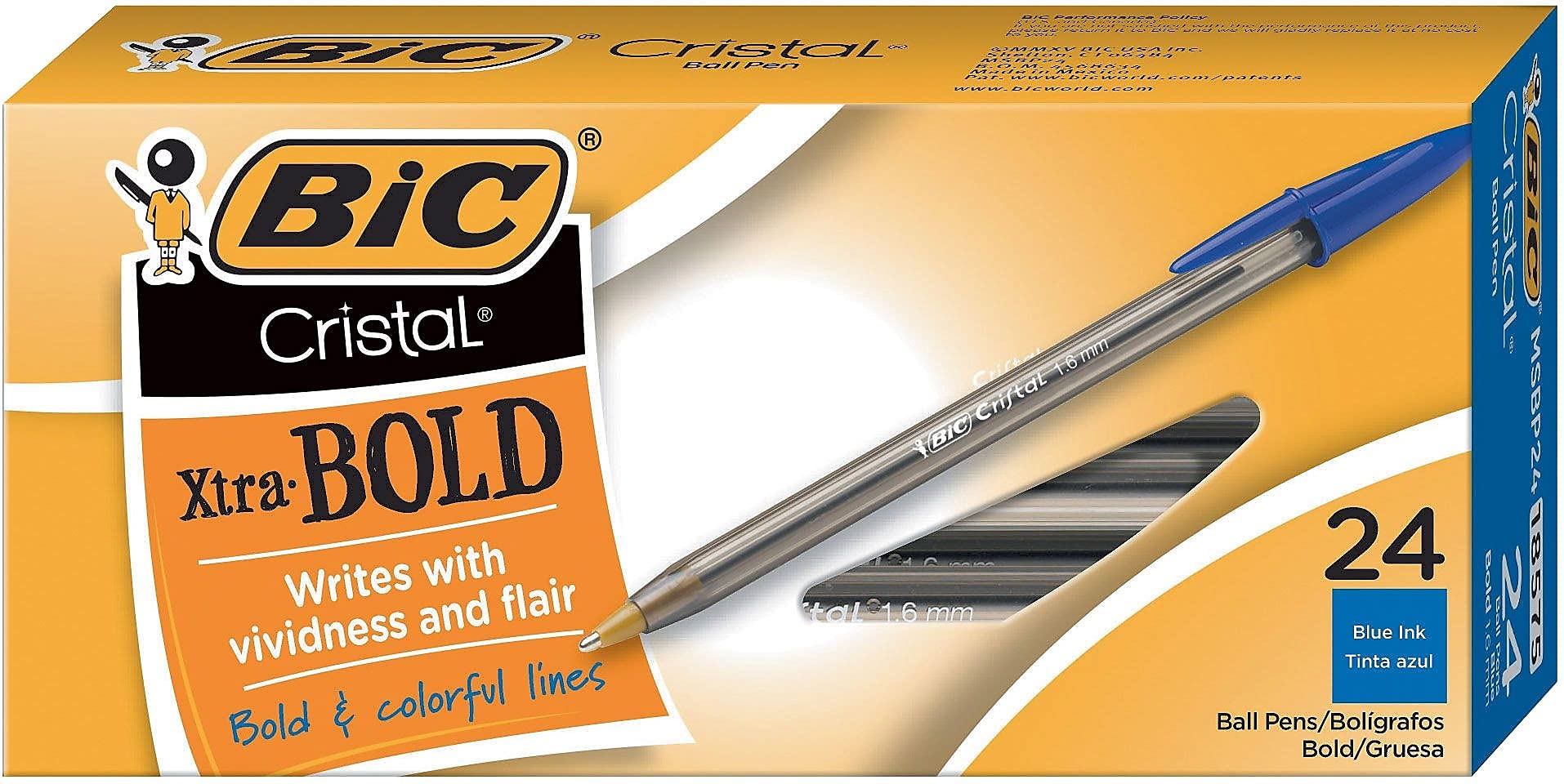 BIC Cristal Xtra Bold Ballpoint Pens, Bold Point (1.6mm) For Vivid And Dramatic Lines, Blue Ink, 24-Count Pack, Perfect Ink Pens