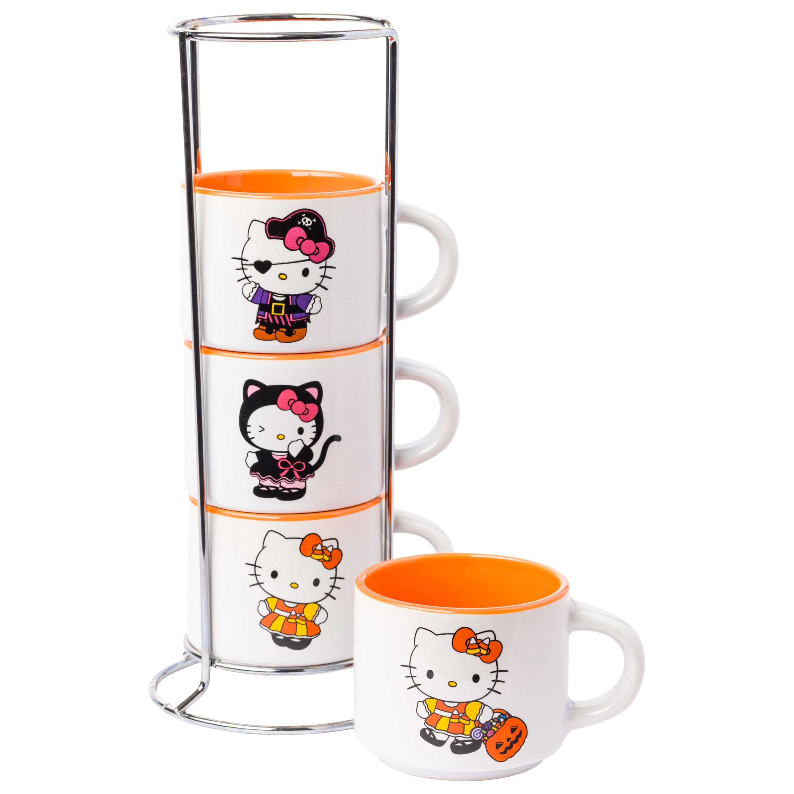 Silver Buffalo Sanrio Hello Kitty Halloween Themed 4 pack Ceramic Espresso Set with Storage Rack, 3 Ounces